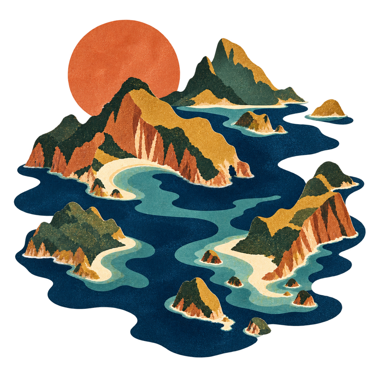 Island Hours: a terracotta sun above green islands and blue coves